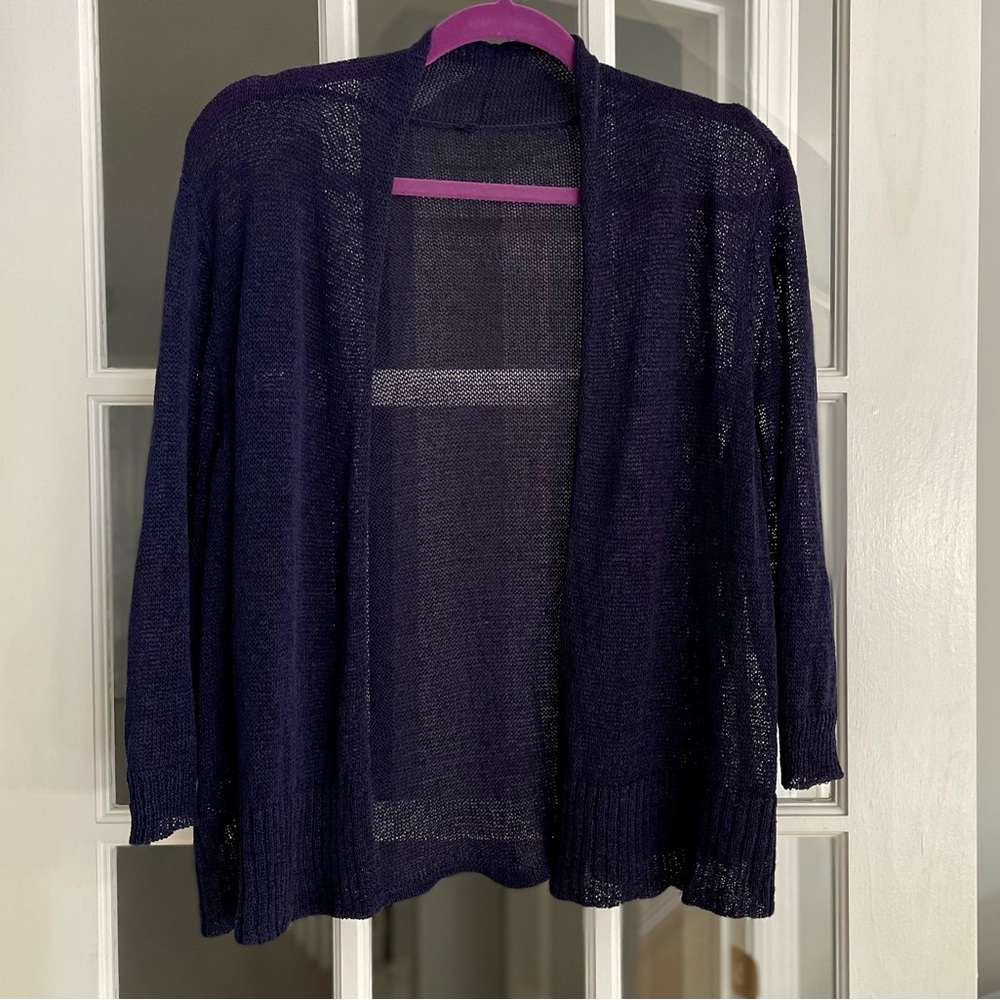 Eileen Fisher Linen Blend Cropped Cardigan Navy Blue Size Medium